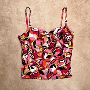 Catalina Swim Top Multicolor Abstract Floral Geometric Keyhole Neck Y2K Retro
